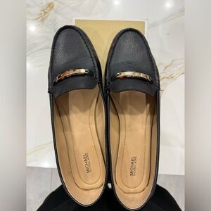 Michael Kors Black Leather Nadia Moc Loafers with Gold Accent